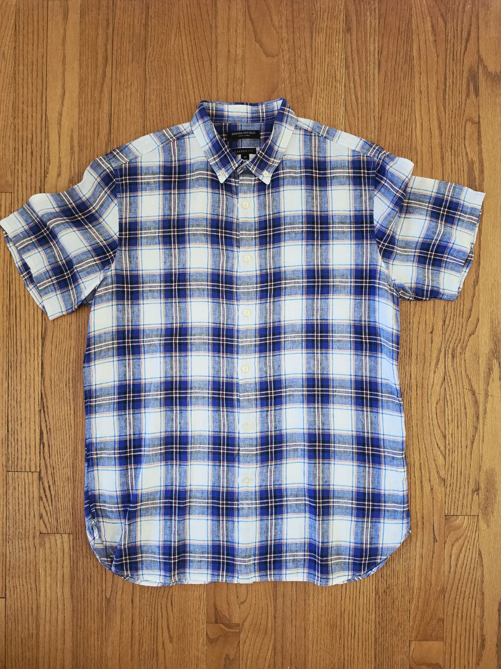 Banana Republic Blue and White Plaid Short-Sleeve 100% Linen Shirt Size M